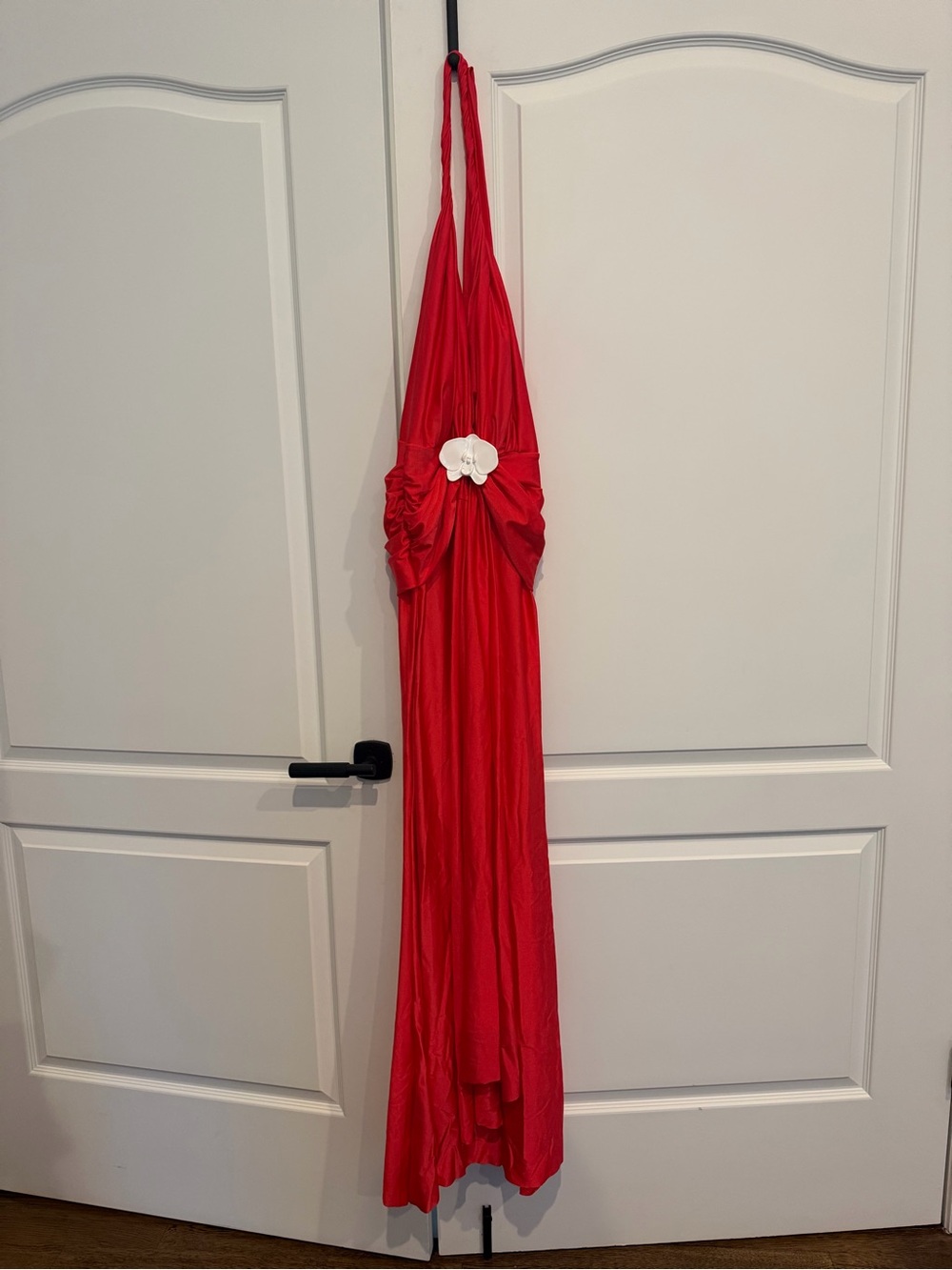 Shani Shemer Red Halter Maxi Dress w/ White Orchid Detail XS